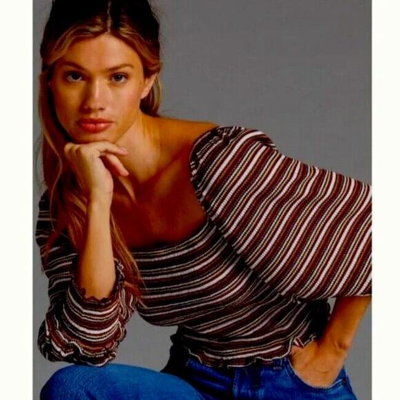 Anthropologie Square Neck Smocked Puff Sleeve Striped Top XS Ruffle 70s 80s Crop - Picture 1 of 14